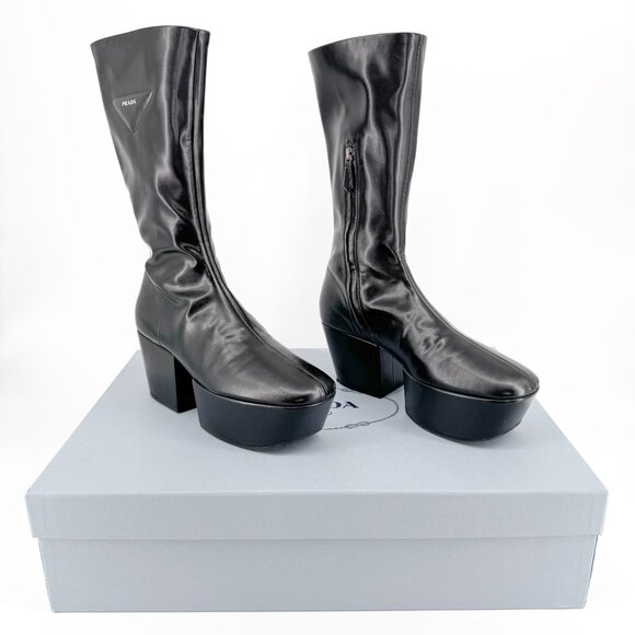 Prada Triangle Logo Platform Boots EU 39 US 9 Black Stretch Nappa Tech Mid Calf - Picture 1 of 16
